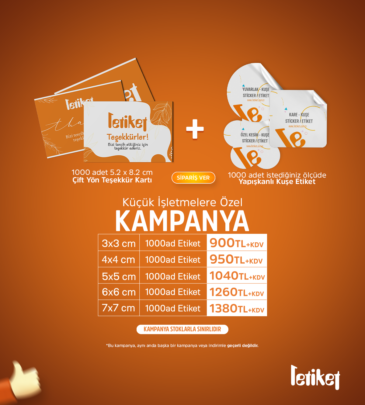 Çift Yön Teşekkür Kartı + Yapışkanlı Kuşe Etiket / Kampanya